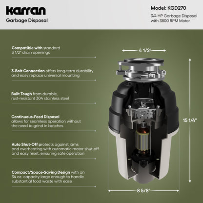 3/4 HP Continuous Feed Garbage Disposal for Kitchen Sinks with Power Cord and Accessories Included
