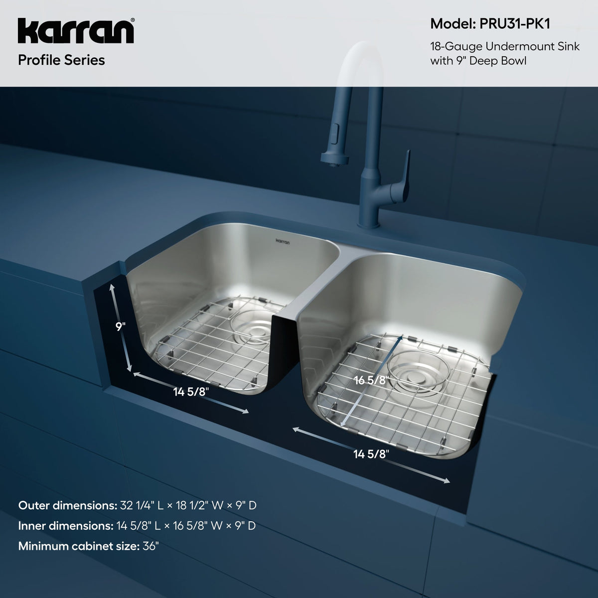 Profile 32" Undermount 18 Gauge Double Bowl Stainless Steel Kitchen Sink with Accessories