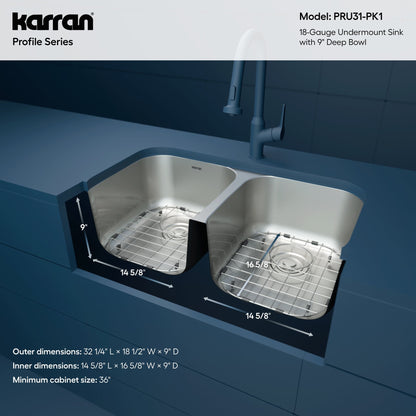 Profile 32" Undermount 18 Gauge Double Bowl Stainless Steel Kitchen Sink with Accessories