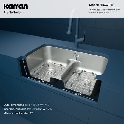 Profile 32" Undermount 18 Gauge Low Divider Double Bowl Stainless Steel Kitchen Sink with Accessories