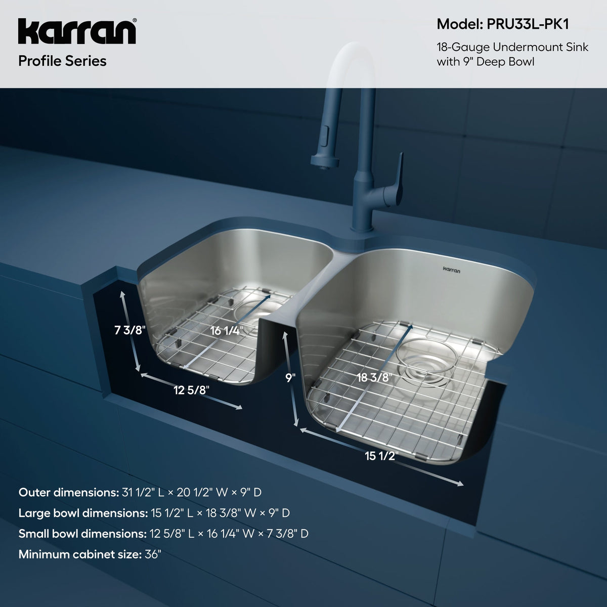 Profile 31" Undermount 18 Gauge Double Offset Bowl Stainless Steel Kitchen Sink with Accessories