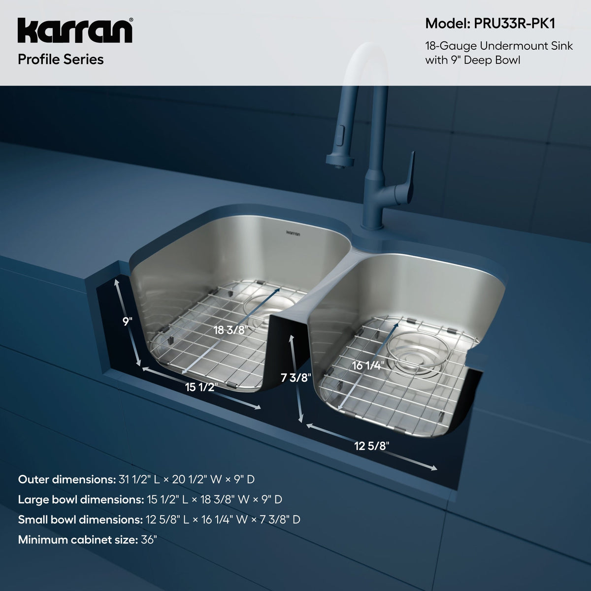 Profile 31" Undermount 18 Gauge Double Offset Bowl Stainless Steel Kitchen Sink with Accessories