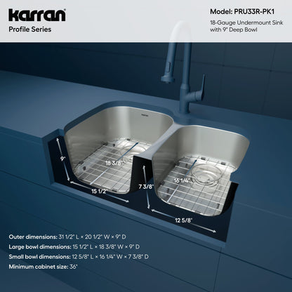 Profile 31" Undermount 18 Gauge Double Offset Bowl Stainless Steel Kitchen Sink with Accessories
