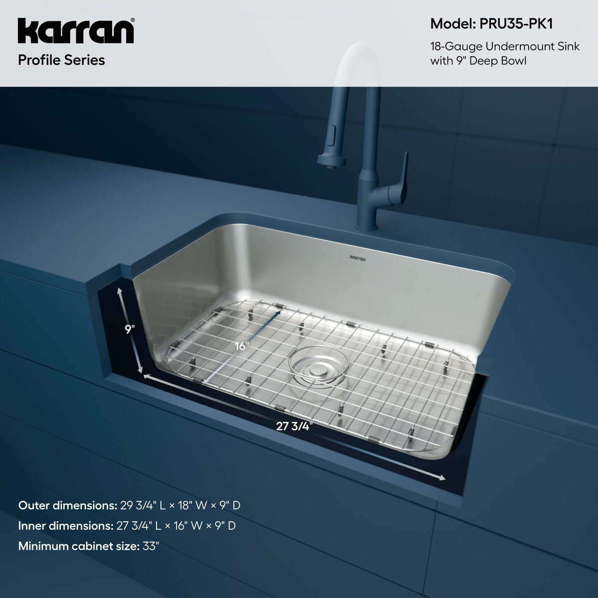 Profile 30" Undermount 18 Gauge Single Bowl Stainless Steel Kitchen Sink with Accessories