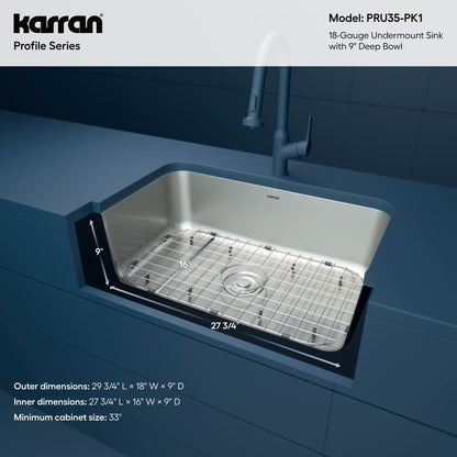 Profile 30" Undermount 18 Gauge Single Bowl Stainless Steel Kitchen Sink with Accessories