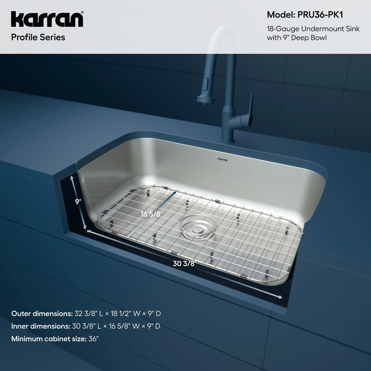 Profile 32" Undermount 18 Gauge Single Bowl Stainless Steel Kitchen Sink with Accessories