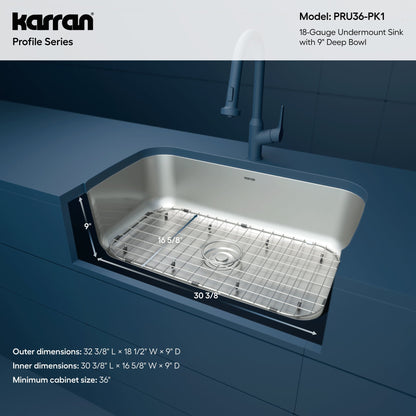 Profile 32" Undermount 18 Gauge Single Bowl Stainless Steel Kitchen Sink with Accessories