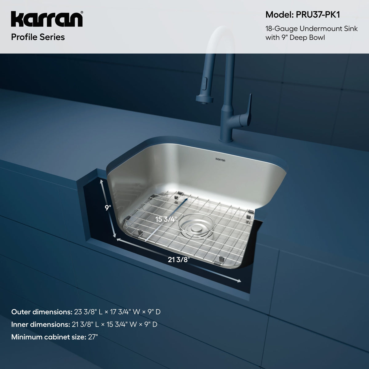 Profile 23" Undermount 18 Gauge Single Bowl Stainless Steel Kitchen Sink with Accessories