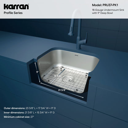 Profile 23" Undermount 18 Gauge Single Bowl Stainless Steel Kitchen Sink with Accessories