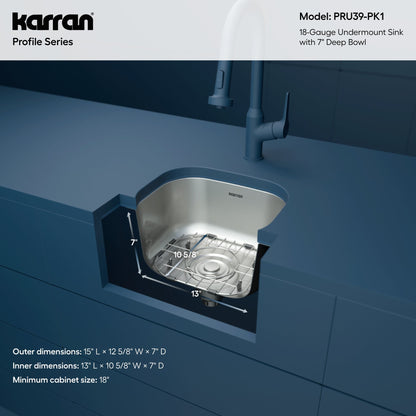 Profile 15" Undermount 18 Gauge Single Bowl Stainless Steel Kitchen Sink with Accessories