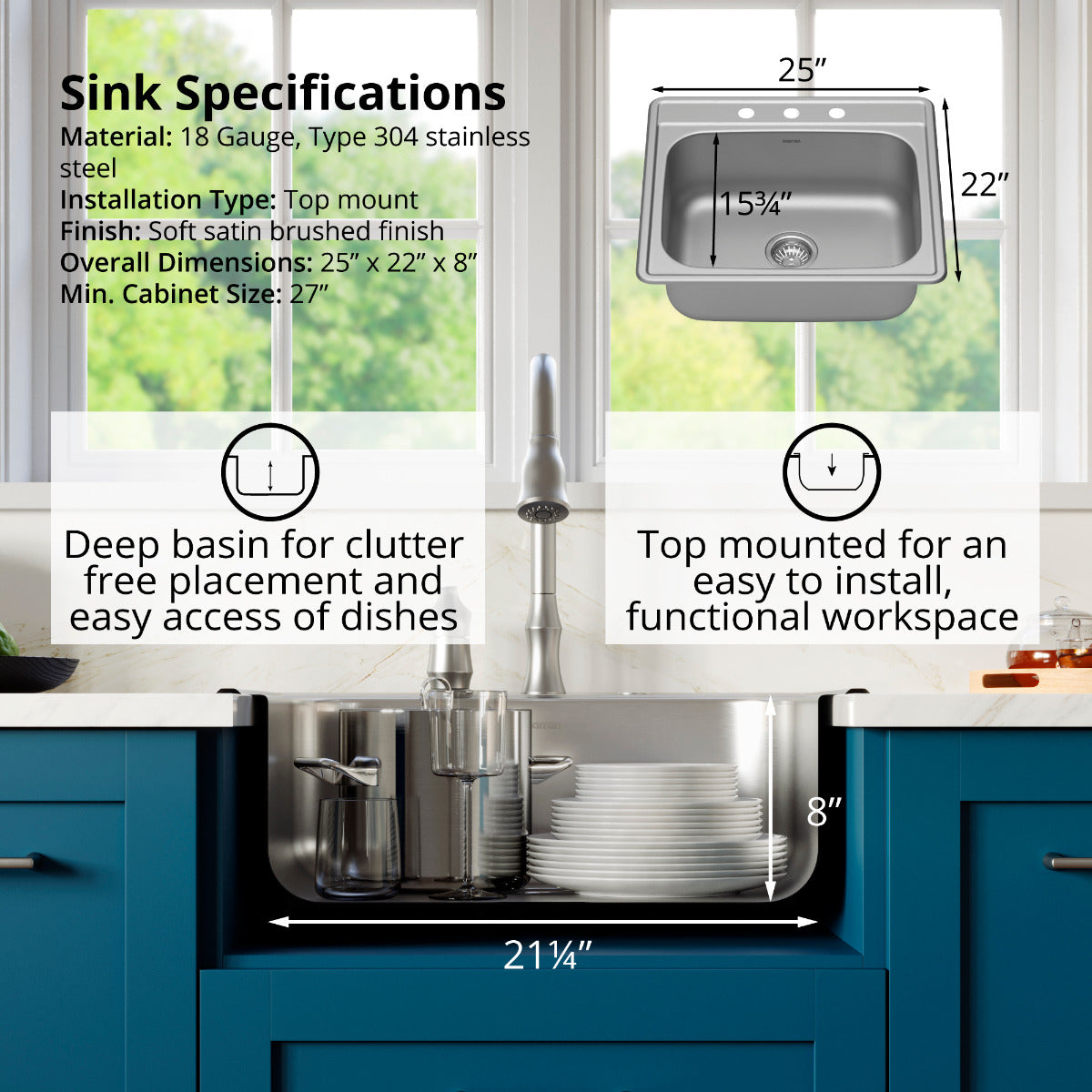Profile 25" Top Mount 18 Gauge Single Bowl Stainless Steel Kitchen Sink with Accessories