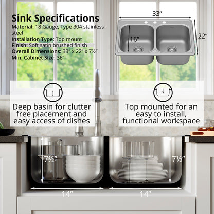 Profile 33" Top Mount 18 Gauge Double Bowl Stainless Steel Kitchen Sink with Accessories