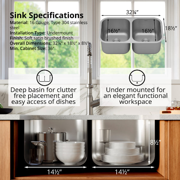 Profile 32" Undermount 16 Gauge Double Bowl Stainless Steel Kitchen Sink with Accessories