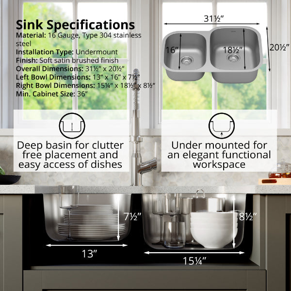 Profile 32" Undermount 16 Gauge Double Offset Bowl Stainless Steel Kitchen Sink with Accessories