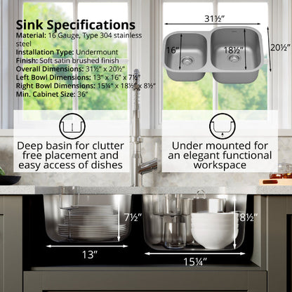 Profile 32" Undermount 16 Gauge Double Offset Bowl Stainless Steel Kitchen Sink with Accessories