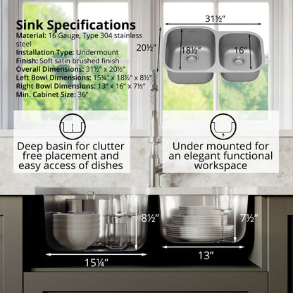 Profile 32" Undermount 16 Gauge Double Offset Bowl Stainless Steel Kitchen Sink with Accessories