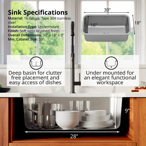 Profile 30" Undermount 16 Gauge Single Bowl Stainless Steel Kitchen Sink with Accessories