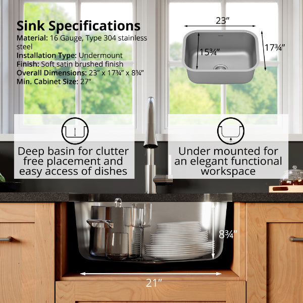 Profile 23" Undermount 16 Gauge Single Bowl Stainless Steel Kitchen Sink with Accessories