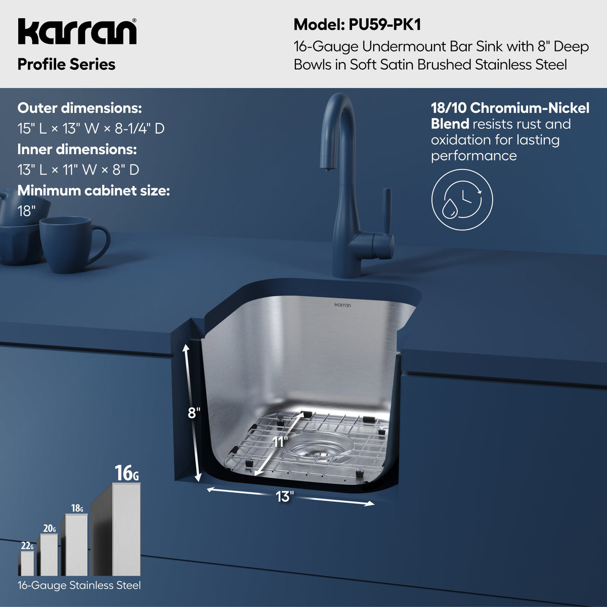 Profile 15" Undermount 16 Gauge Stainless Steel Single Bowl Bar Sink with Accessories