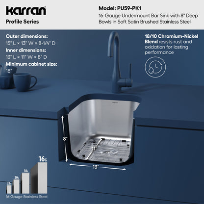 Profile 15" Undermount 16 Gauge Stainless Steel Single Bowl Bar Sink with Accessories