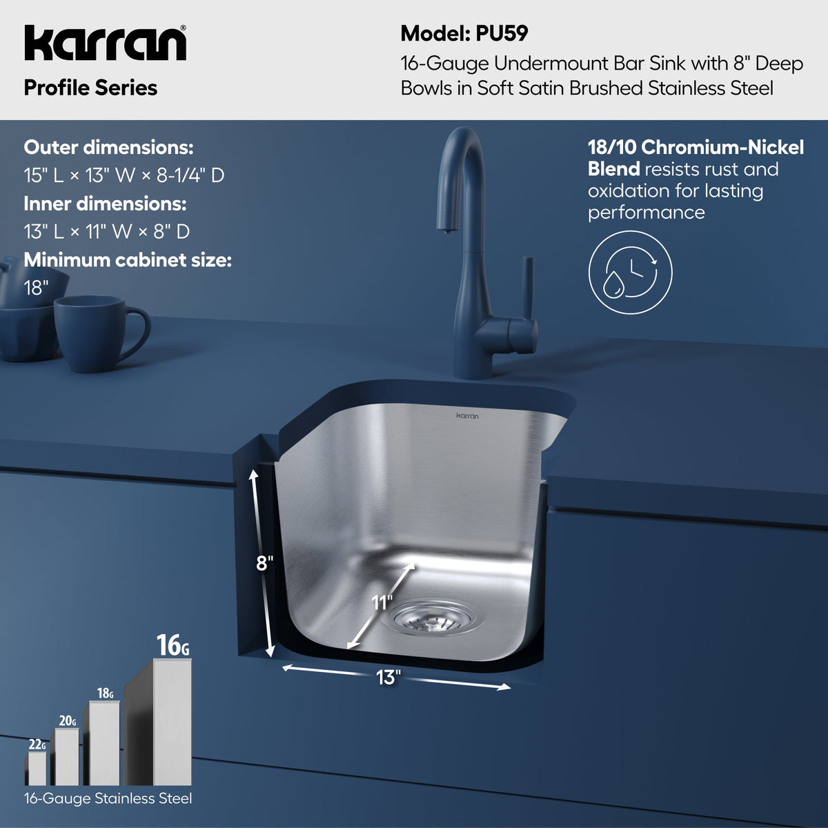 Profile 15" Undermount 16 Gauge Stainless Steel Single Bowl Bar Sink