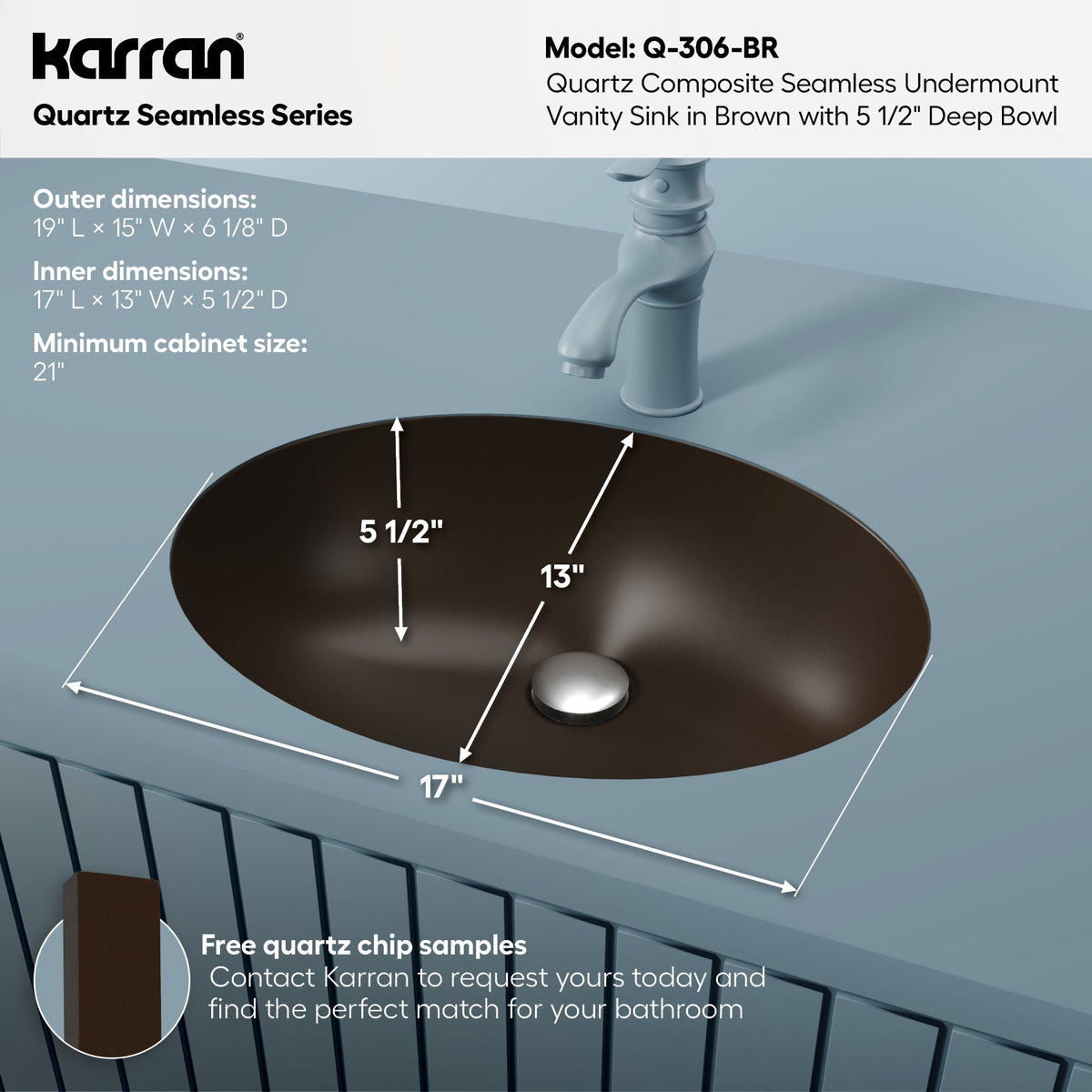 19" Seamless Undermount Quartz Composite Bathroom Sink In Brown
