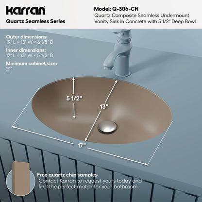 19" Seamless Undermount Quartz Composite Bathroom Sink In Concrete
