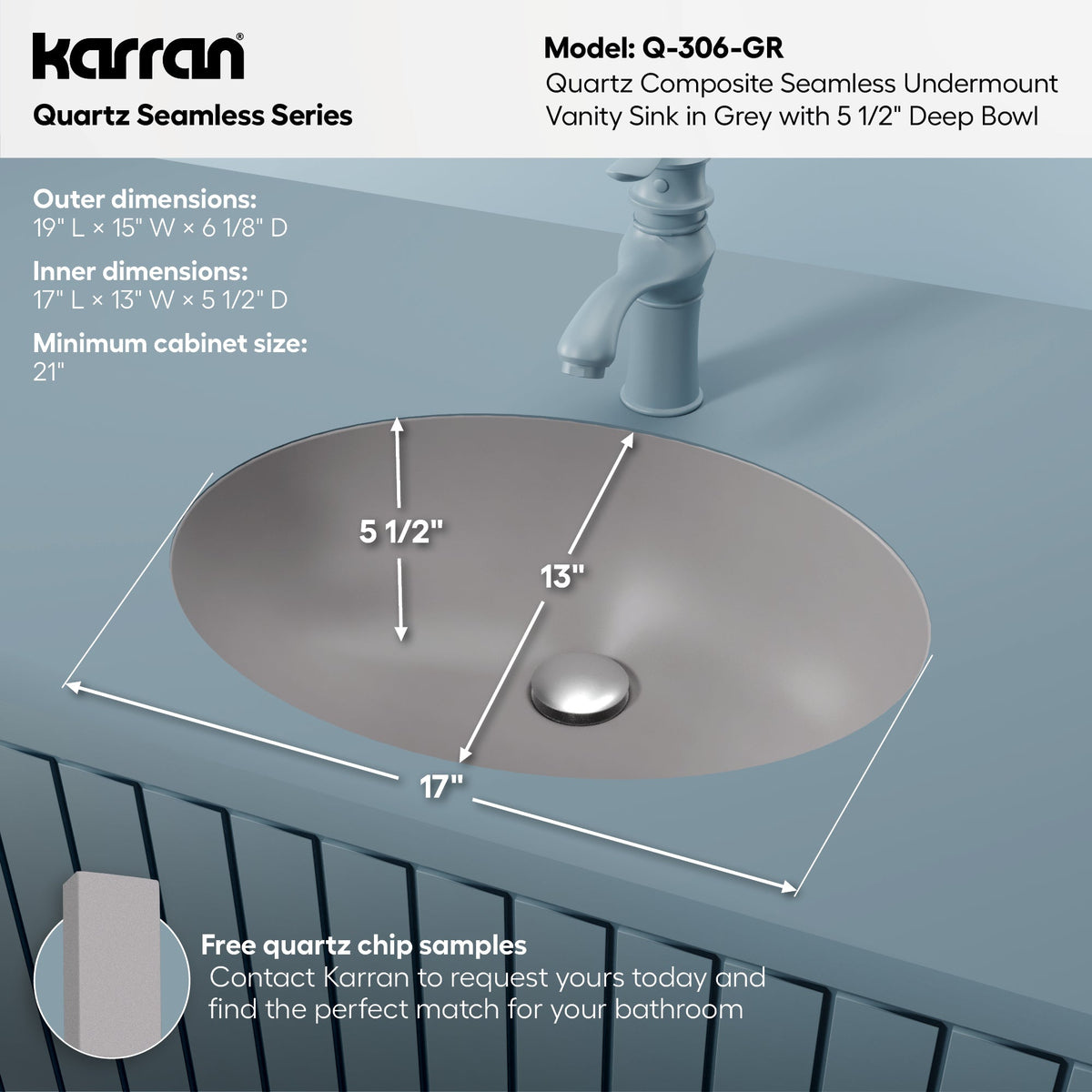 19" Seamless Undermount Quartz Composite Bathroom Sink In Grey
