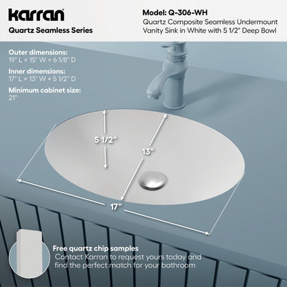19" Seamless Undermount Quartz Composite Bathroom Sink In White