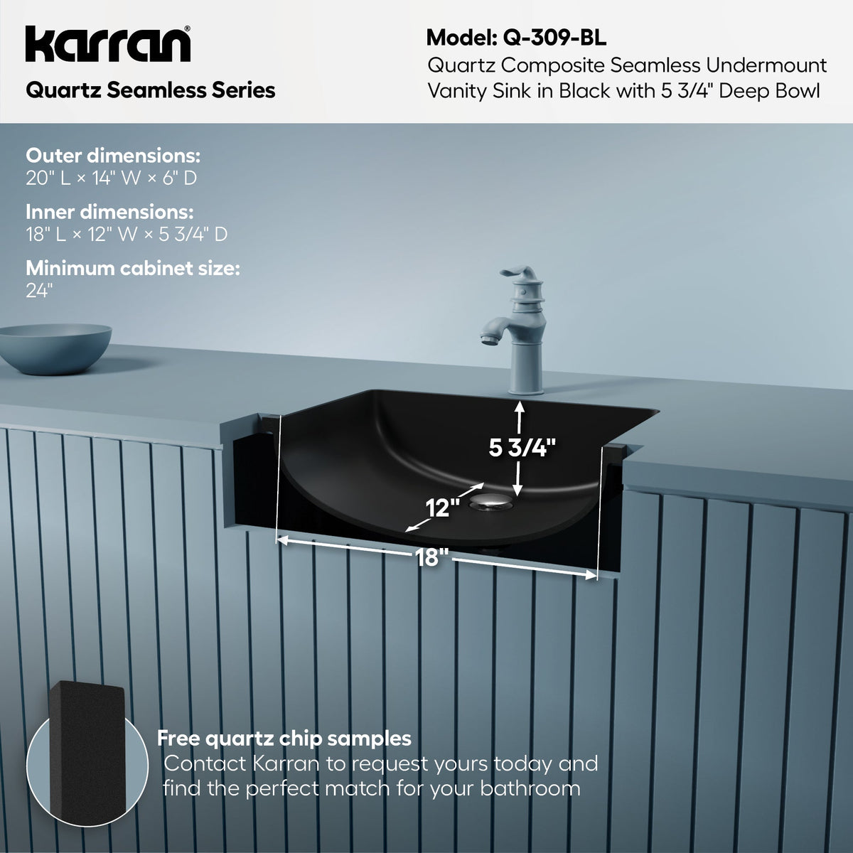 20" Seamless Undermount Quartz Composite Bathroom Sink In Black
