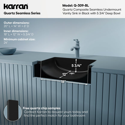 20" Seamless Undermount Quartz Composite Bathroom Sink In Black