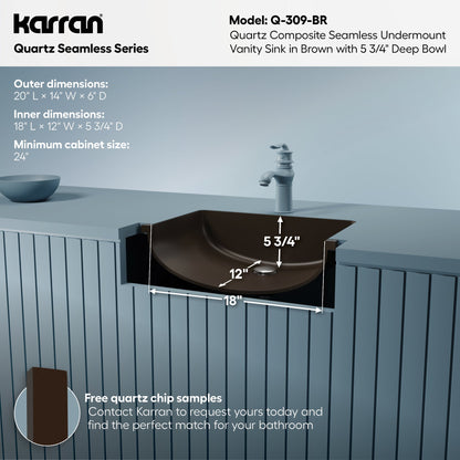 20" Seamless Undermount Quartz Composite Bathroom Sink In Brown