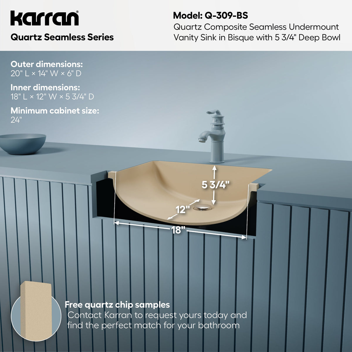 20" Seamless Undermount Quartz Composite Bathroom Sink In Bisque