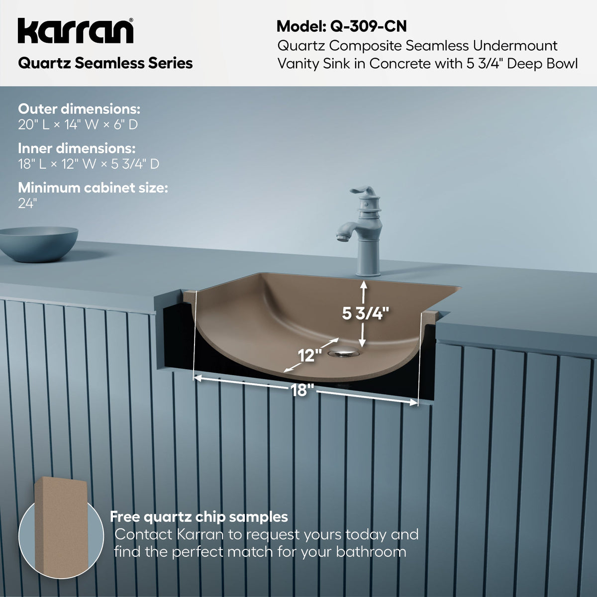20" Seamless Undermount Quartz Composite Bathroom Sink In Concrete