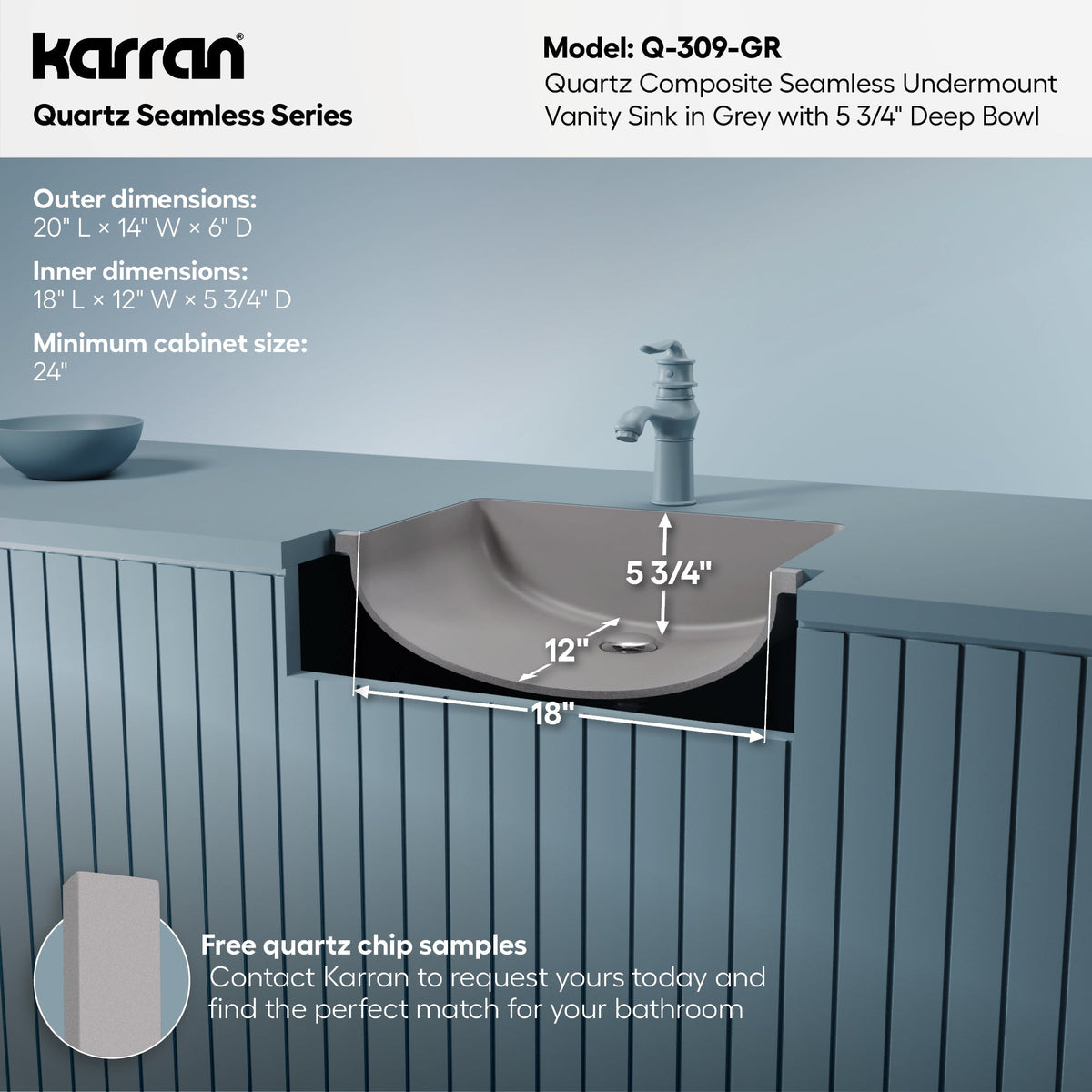 20" Seamless Undermount Quartz Composite Bathroom Sink In Grey