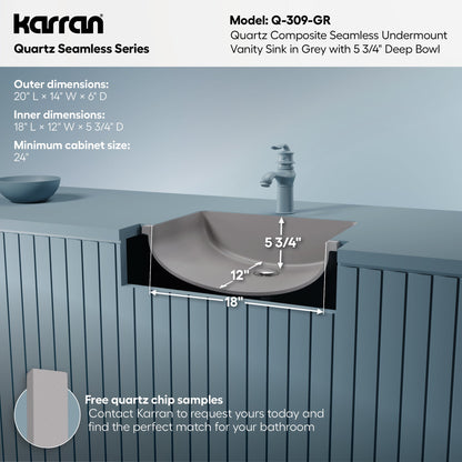 20" Seamless Undermount Quartz Composite Bathroom Sink In Grey
