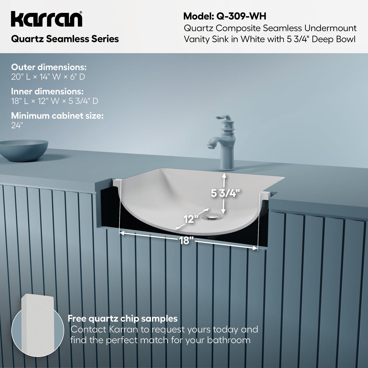 20" Seamless Undermount Quartz Composite Bathroom Sink In White