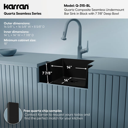 16-5/8" Seamless Undermount Quartz Composite Bar/Prep Sink In Black