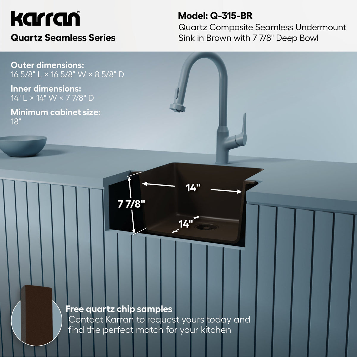 16-5/8" Seamless Undermount Quartz Composite Bar/Prep Sink In Brown