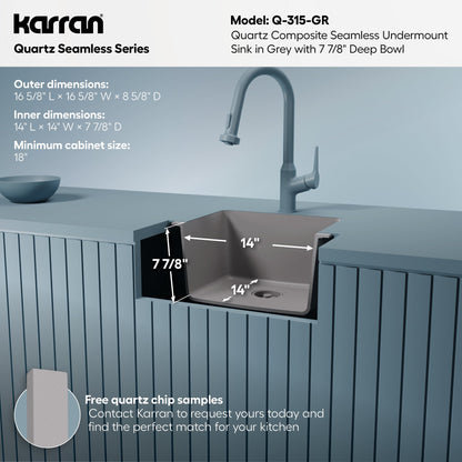 16-5/8" Seamless Undermount Quartz Composite Bar/Prep Sink In Concrete
