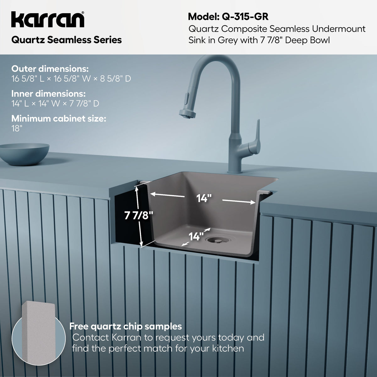 16-5/8" Seamless Undermount Quartz Composite Bar/Prep Sink In Grey