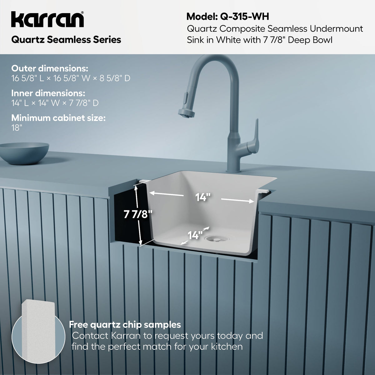 16-5/8" Seamless Undermount Quartz Composite Bar/Prep Sink In White