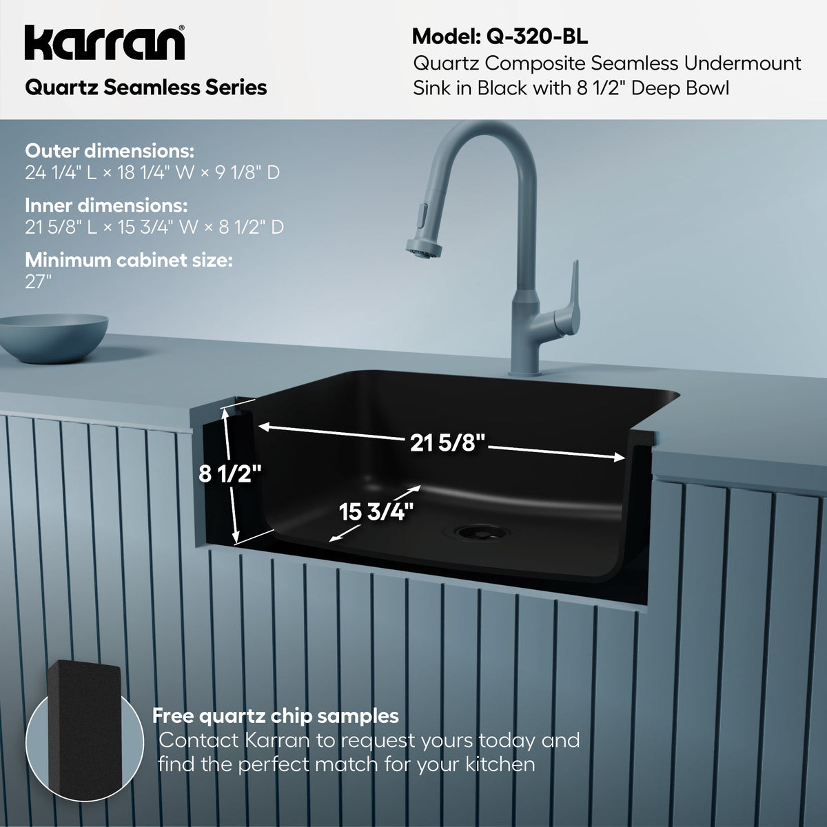 24-1/8" Seamless Undermount Single Bowl Quartz Composite Kitchen Sink In Black