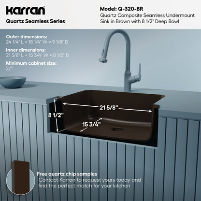24-1/8" Seamless Undermount Single Bowl Quartz Composite Kitchen Sink In Brown