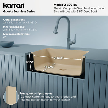24-1/8" Seamless Undermount Single Bowl Quartz Composite Kitchen Sink In Bisque