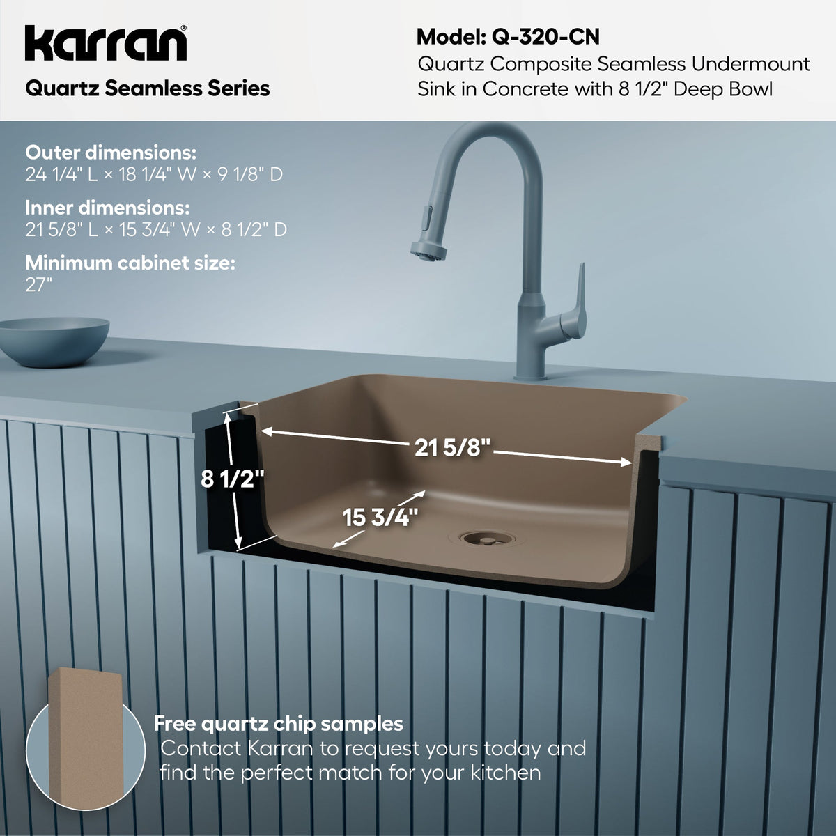 24-1/8" Seamless Undermount Single Bowl Quartz Composite Kitchen Sink In Concrete