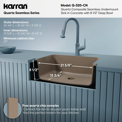 24-1/8" Seamless Undermount Single Bowl Quartz Composite Kitchen Sink In Concrete