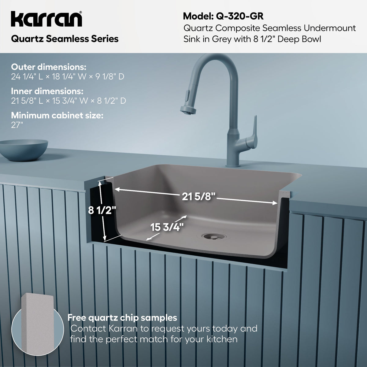 24-1/8" Seamless Undermount Single Bowl Quartz Composite Kitchen Sink In Grey