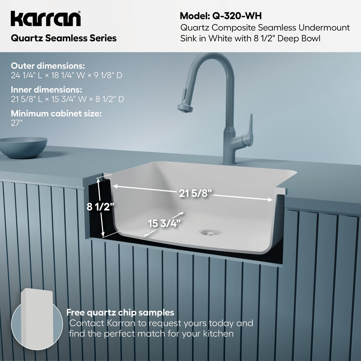 24-1/8" Seamless Undermount Single Bowl Quartz Composite Kitchen Sink In White