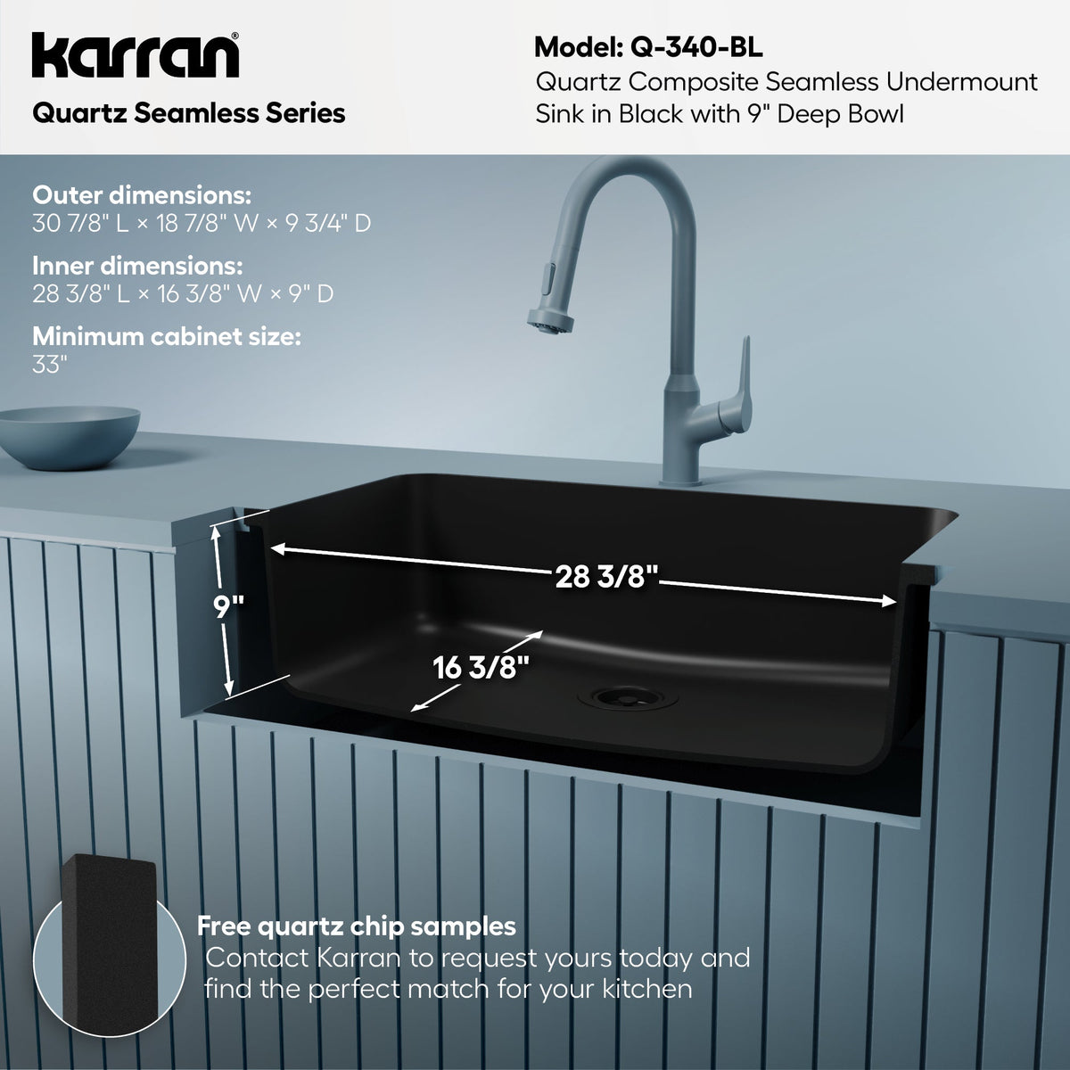 30-7/8" Seamless Undermount Large Single Bowl Quartz Composite Kitchen Sink In Black
